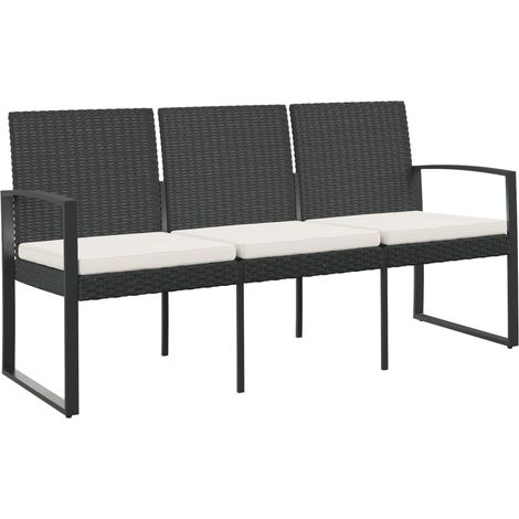 Banc de jardin Banc extérieur Banquette de jardin à 3 places avec coussins noir rotin PP (1/5)