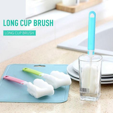 Brosse pliable à long manche pour tasses, biberons et éponges de nettoyage pour becs verseurs et verres. (1/2)