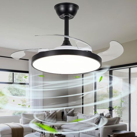 Ventilateur de plafond 95 cm avec éclairage et télécommande, plafonnier LED à intensité variable avec 3 pales rétractables, 6 vitesses, minuterie