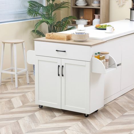 Carrello da cucina HOMCOM con 1 cassetto, 2 ante, asta appendiabiti e porta spezie, carrello ausiliario con ruote, 105x36x85 cm, bianco