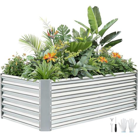 Jardinière surélevée galvanisée, 180 x 90 x 60 cm, argenté Jardinière surélevée en métal avec bordure de sécurité et gants pour légumes, fruits, fleurs. (1/5)