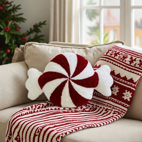 1 taie d'oreiller en polaire faite main, 44,96 x 44,96 cm, taie d'oreiller en polaire brodée, édition limitée de Noël en forme de bonbon, Ca (1/5)