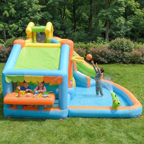 Château gonflable pour enfants, parc aquatique gonflable pour enfants avec souffleur, toboggan, panier de basket, cuisine de jeu, tissu Oxford, jeu d’extérieur, château gonflable d’extérieur, taille g (1/5)