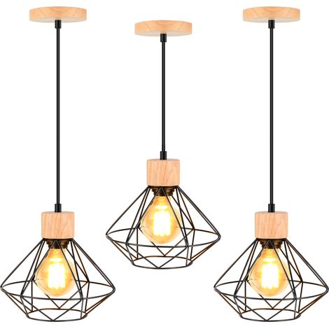 3 Pack Pendant Light Retro Vintage Chandelier Industrial Metal and Wood Cage Ceiling Light in Diamond Shape for Bedroom Living Room Black (1/5)