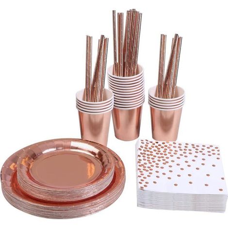 146 pièces vaisselle jetable, or rose, assiettes gobelets serviettes pailles, fête mariage anniversaire 24 personnes