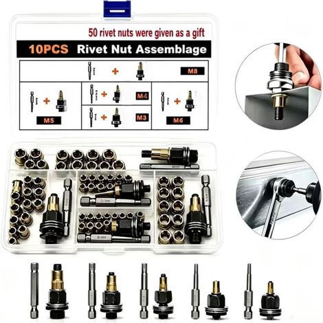 Kit adaptateur écrou à riveter pour perceuse, 10 pièces M3 M4 M5 M6 M8 + 50 écrous à riveter offerts, mandrin pour rivet nut, insert fileté pour bricolage, réparation auto (1/5)