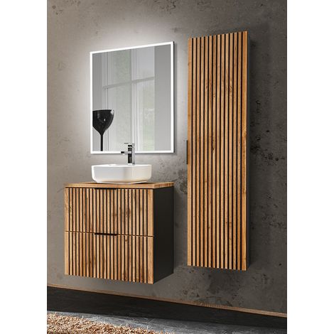 Badezimmer Set mit Hochschrank, Waschtisch 60 cm schwarz gerillt, Spiegel XANTEN-56 in anthrazit mit Eiche Nb., B/H/T: 110/200/46,5 cm (1/5)