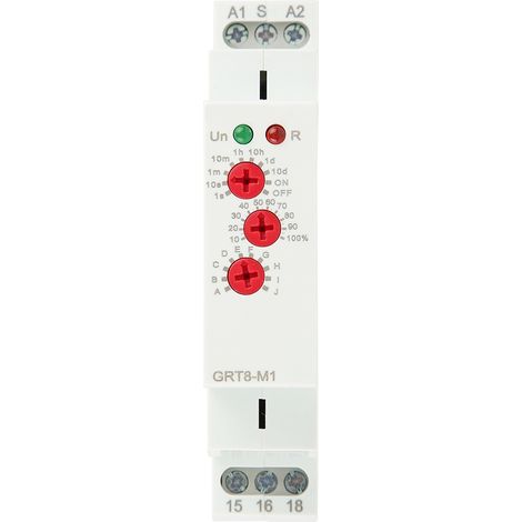 Relè temporizzato multifunzione GRT8-M1 con 10 funzioni, montaggio su guida DIN, 230 V CA.