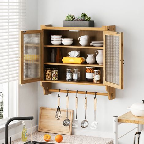 Pensili cucina, mobile contenitore a 2 ante con 3 scomparti e portasciugamani, MDF, naturale, 63 cm (1/5)