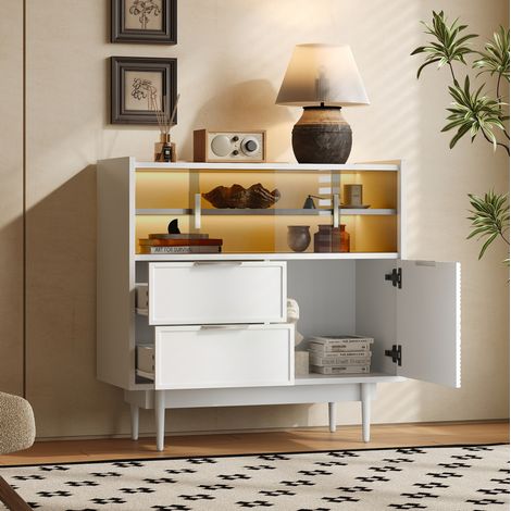 Armario de almacenaje 80 cm blanco en MDF con puerta corredera de vidrio e iluminación LED (1/5)