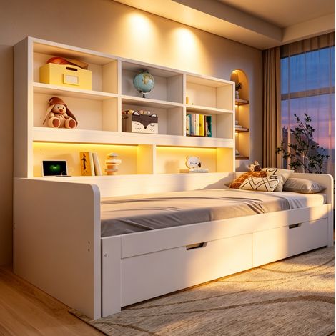 Cama sofá extensible 90/180 x 200 cm con almacenaje, LED, enchufes, MDF blanco (1/5)