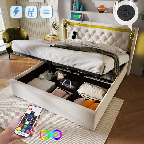 Letto contenitore Letto matrimoniale per adulti 140 x 200 cm con USB Type C e LED. Beige (1/5)