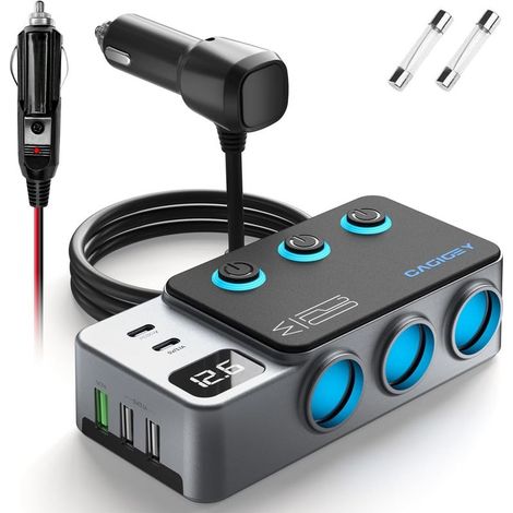 9-in-1-Autoladegerät mit 3 Anschlüssen, 120-W-Leistungsverteiler und Digitalanzeige, 12-V-24-V-Schnellnetzteil mit Typ-C- und USB-A-Anschlüssen für elektronischen Zugriff (1/5)