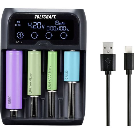 [GEBRAUCHT] B-Ware Voltcraft Rundzellen-Ladegerät IPC-2 NiMH NiCd LiIon LiFePO 4-fach USB 2000mA (1/2)