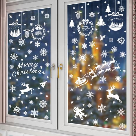 Autocollants blancs pour vitrines de Noël, guirlandes de Noël, flocons de neige, autocollants statiques, autocollants pour vitrines de traîneaux de rennes, décorations de Noël pour vitrines de magasin