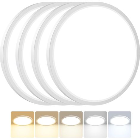 Lot de 4 Plafonnier LED, 24W 2800LM Luminaire Plafonnier Salle de Bain, IP54 Etanche & 5 Couleurs(3000K/3500K/4000K/5000K/6500K), Lampe Plafond Rond pour Cuisine, Chambre, Couloir,Ø30CM (1/5)