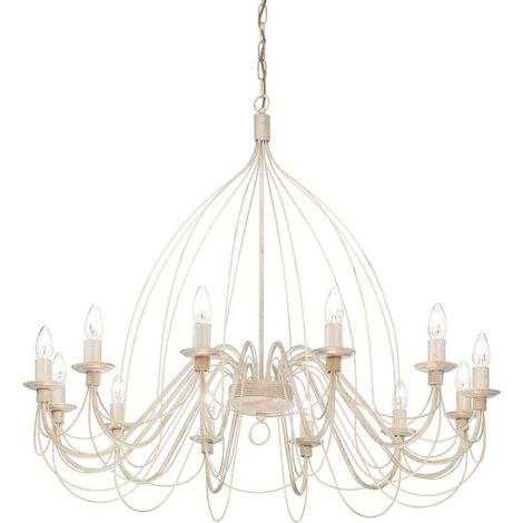 Lampadario Shabby Chic-Provenzale Corte Metallo Bianco 12 Luci E14