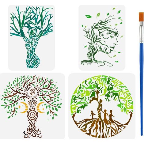 4Pcs Pochoir de Dessin D'Arbre de Vie Avec Un Pinceau 2 Tailles Modèle de Peinture D'Arbre de Déesse Forme Humaine Arbre Lune Étoile Spirale Pochoir pour Peinture Bois Mur Tissu Meubles (1/5)