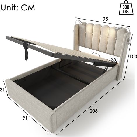 Lit rembourré, lit simple, avec lumière de lecture et fonction de charge, tête de lit avec espace de rangement, structure de lit en tissu de lin, lit pour adolescents 90x200 avec sommier à lattes, nat (1/5)