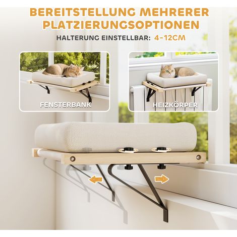 Niche pour chat avec support pour appui de fenêtre et radiateur, coussin inclus, cadre en bois, blanc (1/4)