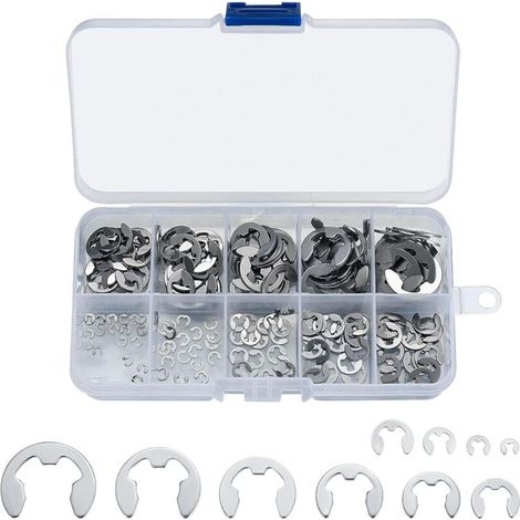 200 Pièces Anneaux de Retenue E-Clip, Rondelles de Blocage en Acier Inoxydable pour Arbres, Kit d'Assortiment de Circlips Internes et Externes, M1.5/M2/M3/M4/M5/M6/M7/M8/M9/M10