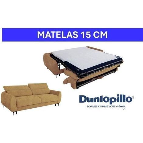 Canapé convertible express - 2 / 3 places - SAFIA - Tissu gauffré - Ocre - Matelas 15 cm - 206 x 105 x 76/94 cm - DUNLOPILLO (1/5)