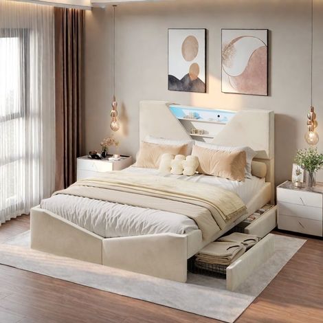 Doppelbett - 140x190 cm - Beige Velours - Integrierte LED - 4 Schubladen (1/5)
