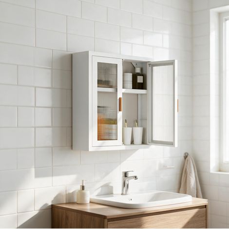 Armario de baño de pared con 2 puertas y balda interior regulable, blanco (1/5)