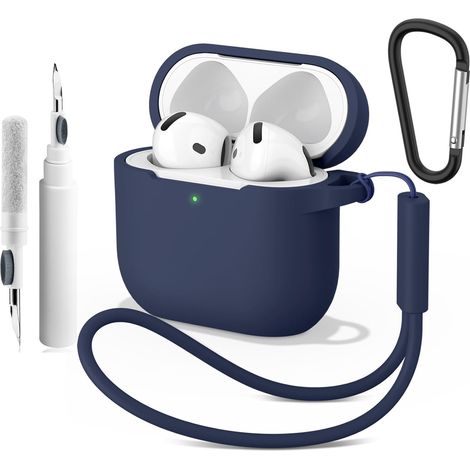 Coque Compatible avec AirPods 4 2024 avec Kit de Nettoyage, LED Avant Peut être Visible, Housse en Silicone Anti-Choc Etui de Protection avec Porte-clés et Cordon (Bleu Nuit) (1/5)