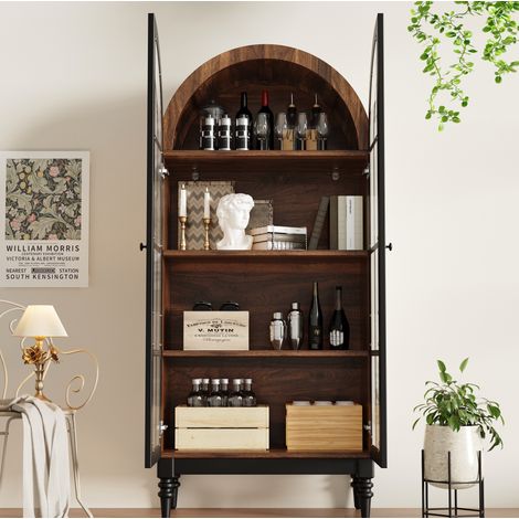 Vitrine de rangement haute arche sur pied avec portes en verre 76 x 38,5 x 165 cm MDF noir OKWISH (1/5)