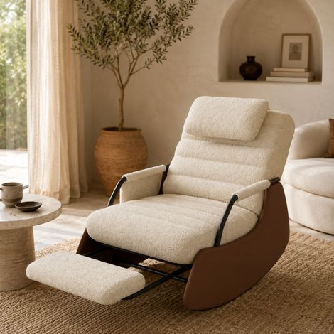 Dossier haut bascule, Chaise à bascule en velours mouton, Fauteuil à Bascule avec Accoudoirs, Chaise berçante, Rocking Chair avec Pieds Rétractable (1/5)