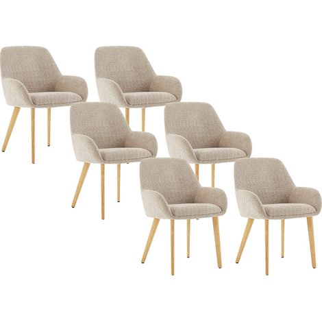 Lot de 6 chaises avec accoudoirs en tissu bouclette et bois d'hévéa - Taupe et naturel clair - VALENYO (1/4)