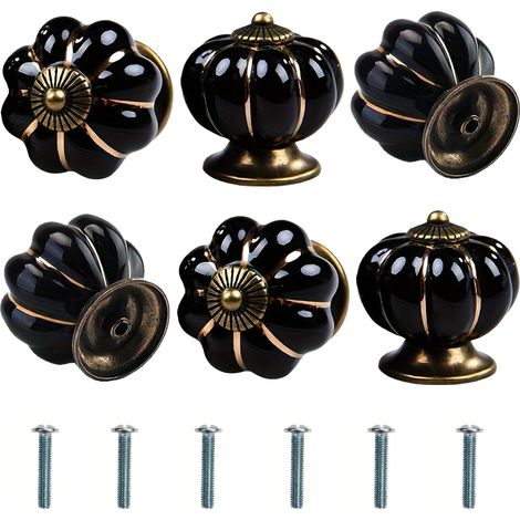 6 boutons de meuble en forme de citrouille noir, boutons en céramique, boutons d'armoire avec vis, boutons de tiroir pour armoire, commode, poignées de meuble décoratives (1/5)