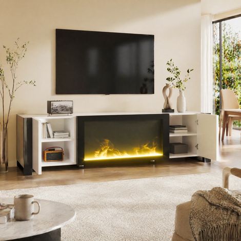 MEUBLIV Meuble TV blanc et noir 165 cm avec cheminée électrique effet flamme sans chauffage (1/5)