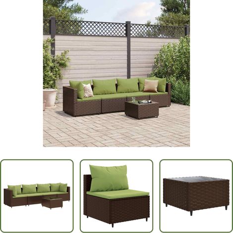 Gartenmöbel - 5-tlg. Garten-Lounge-Set mit Kissen Braun Poly Rattan (1/5)