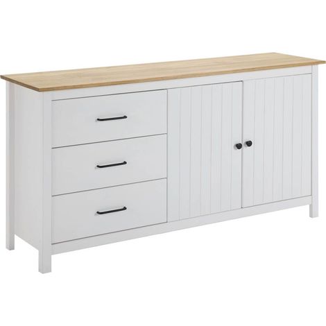 TINA - Buffet Bas 2 Portes 3 Tiroirs Bois Ciré et Blanc (1/5)