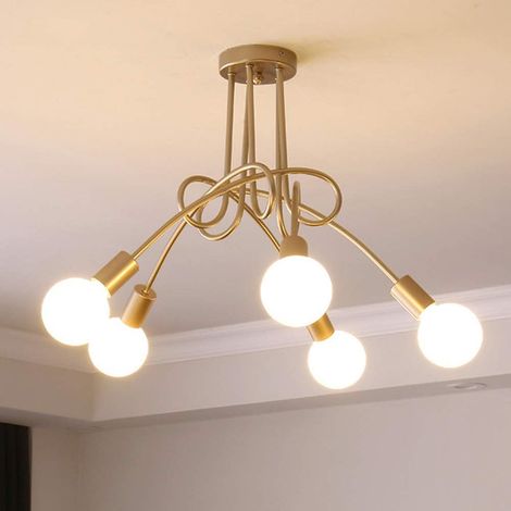 Plafonnier Industrielle Rétro en Métal Lustre Abat-jour E27 Luminaire Moderne Lampe Suspension pour Salon Chambre Salle à Manger (Peinture Dorée, 5 Lampes) Sans Ampoules