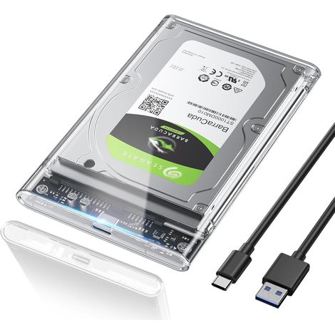 Boitier Disque dur 2,5", 6Gbps USB C 3.1 Gen 2 Boitier Externe Disque pour SATA HDD et SSD de 2,5'' et 7/9.5mm, Boitier SSD accélération UASP&TRIM, sans Outils, Câble USB C Inclus-Transparent (1/5)
