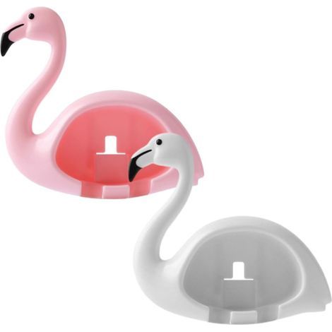 Wall-Mounted Toothbrush Holder, Set of 2, ABS Plastic, Flamingo Design, Adhesive Backing, No Drilling Required, Bathroom Organizer, Hygienic Storage for Toothbrushes (1/5)