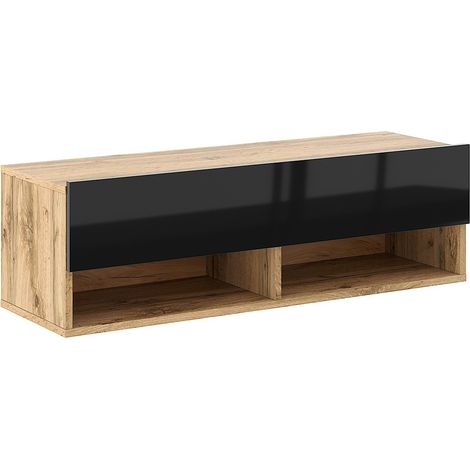 Meuble TV suspendu 1 porte 100 cm décor noir et chêne - LESLI (1/4)