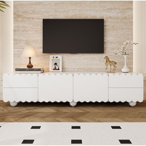 Meuble TV 175x38x37 cm blanc en MDF et panneaux de particules avec rangement et bords arrondis (1/5)
