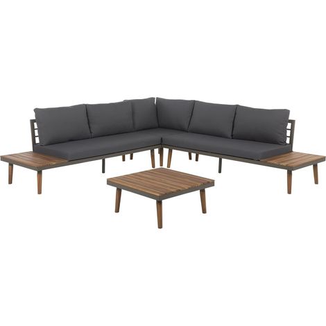 Ensemble de Jardin ou Terrasse Table Basse et Canapé d'Angle Modulable en Bois d'Acacia avec Coussins Gris Foncés Style Ultra Moderne Beliani