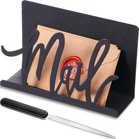 Porte-courrier en métal découpé, organiseur de comptoir avec ouvre-lettre, police artistique noire (1/5)