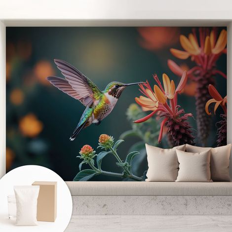 Papier peint intissé décoratif pour chambre et salon Design moderne à poser facilement - Colle incluse gratuite Fleurs de colibri 208x146 cm (1/5)