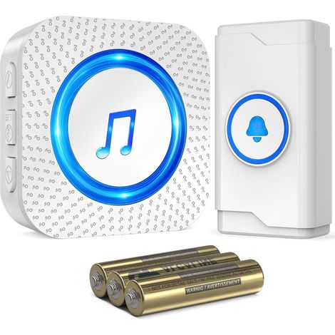 Sonnette sans Fil à Pile, 400M Sonnette Longue Portée Exterieur Étanche Electronique, Kit de Carillon avec Récepteurs pour la Maison, LED Bleu, 55 Mélodies, 5 Niveaux Volumes, Blanc
