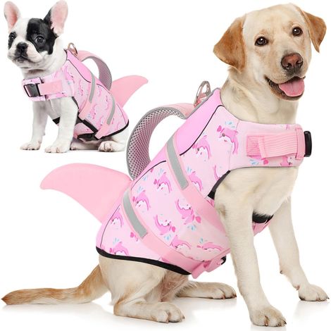 Gilet de sauvetage pour chien rose avec aileron de requin haute flottabilité (1/5)