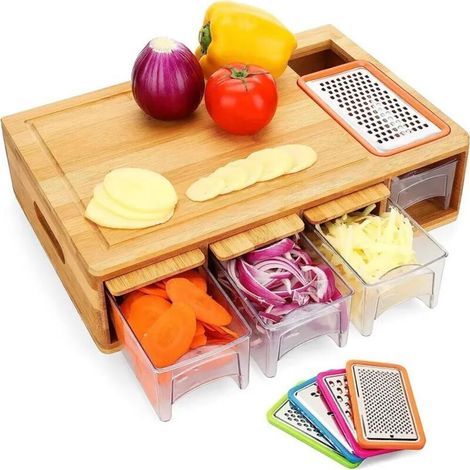 XL Deluxe 3-in-1 Bambus-Schneidebrett: Schneidebrett, 4 Reiben, 4 Fächer mit Holzdeckeln – Integrierte Griffe – BPA-frei – Französischer Verkäufer (1/5)