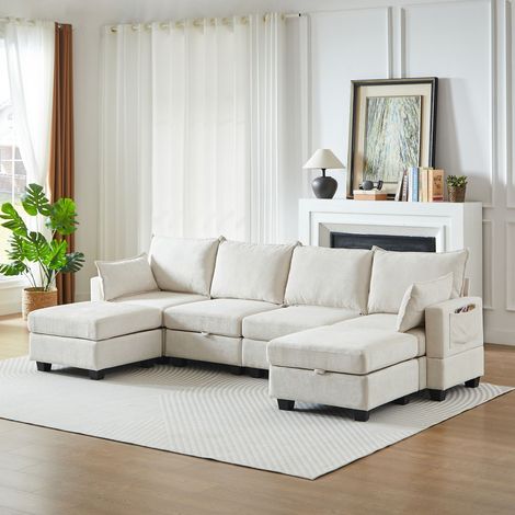 Canapé modulable 6 places en chenille beige, canapé d'angle convertible en U ou L avec couchage, méridienne et rangements intégrés (1/5)