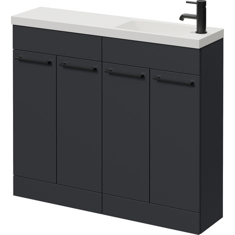 Napoli 250 Gloss Grey 1000mm 4 Door Vanity Unit with Round Silvo Basin - 1000mm - Matt Black 160mm Handle