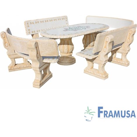 CONJUNTO COMEDOR PIEDRA OVALADO JARDIN CIRUELO PULIDO PARSIFAL AMARILLO OCRE